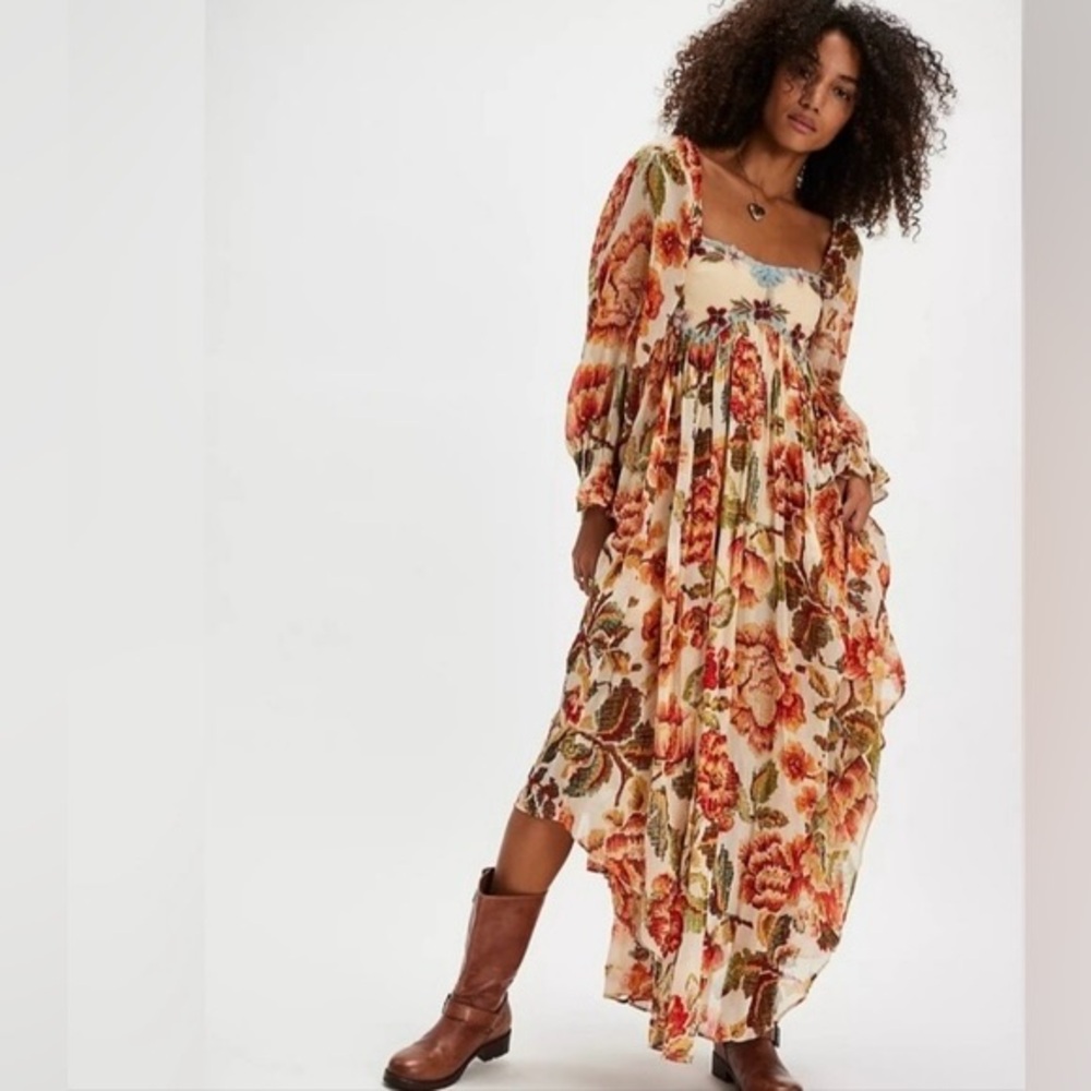 FREE PEOPLE TIMELESS TAPESTRY TIERED BISHOP SLEEVE MAXI DRESS NWT SIZE S